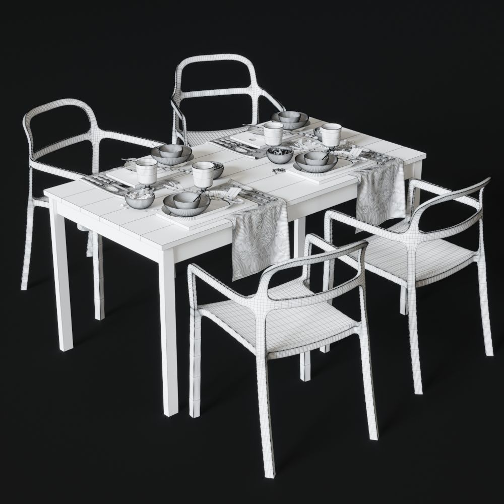 Dining table and chairs 3D model_3