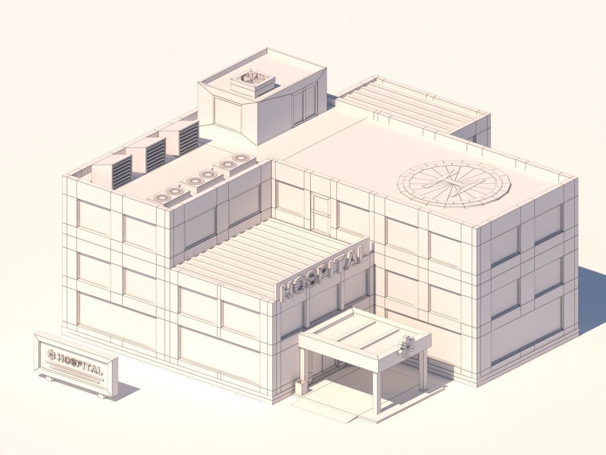 Cartoon Low Poly Hospital Building Low-poly 3D model_1