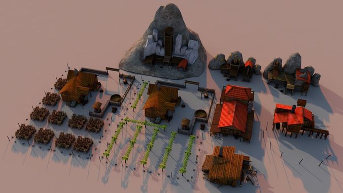 Mines and fields Low-poly 3D model