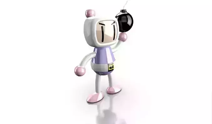 Boomberman cartoon character holding remote control