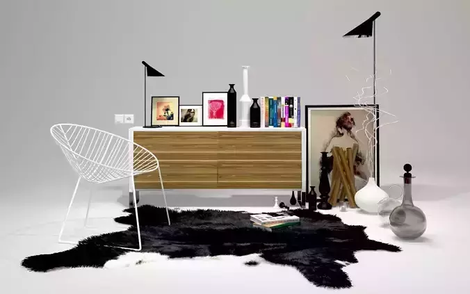 Cabinet living room with cowhide rug