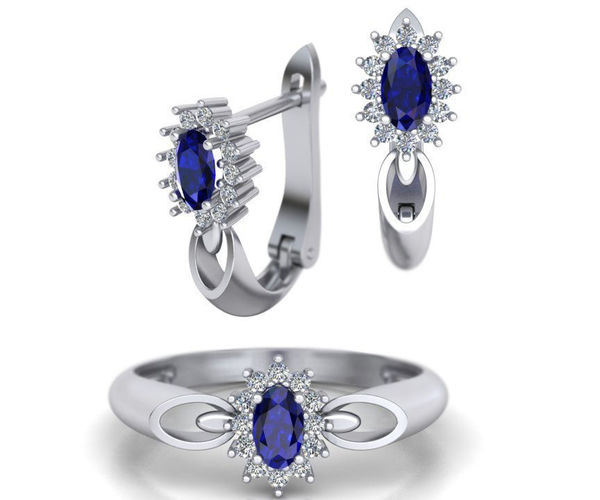Ring and Earrings Set Oval Stone 3D print model