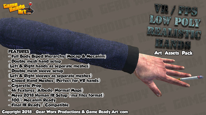 VR - FPS Low Poly Realistic Hands Pack Low-poly 3D model