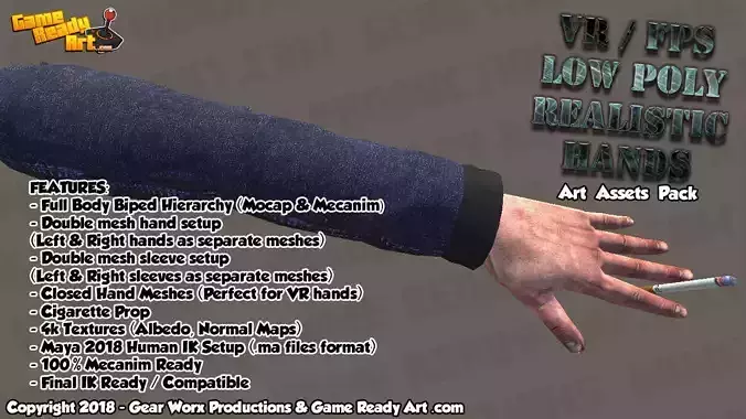 VR - FPS Low Poly Realistic Hands Pack Low-poly 3D model