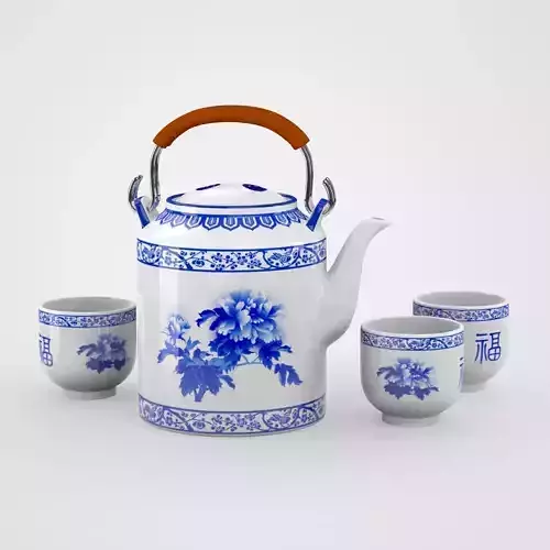 Chinese Blue and White Porcelain Tea Set - Peony and Fu