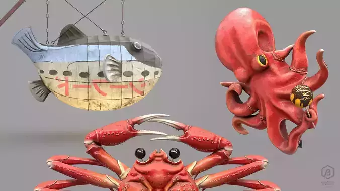 Game Ready Japanese Signs Sea Creatures Pack Low-poly 3D model