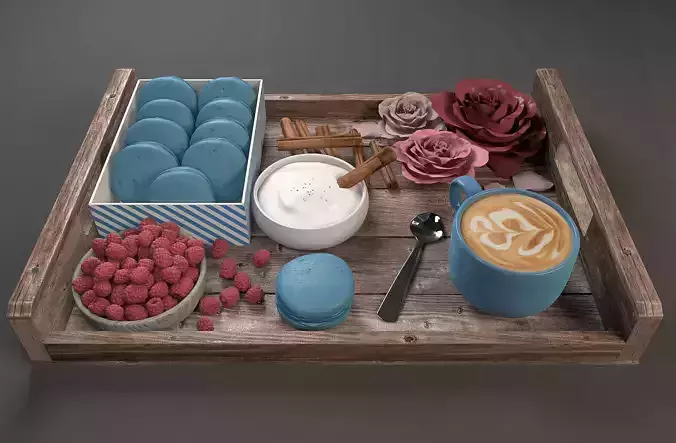 BREAKFAST coffee tray with macaroons and roses