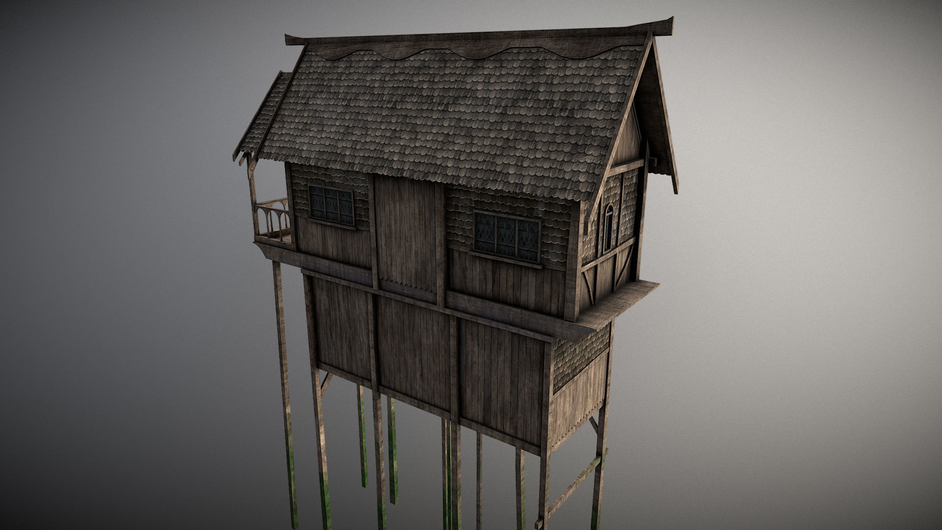 Medieval lake village - House 3 Low-poly 3D model_4