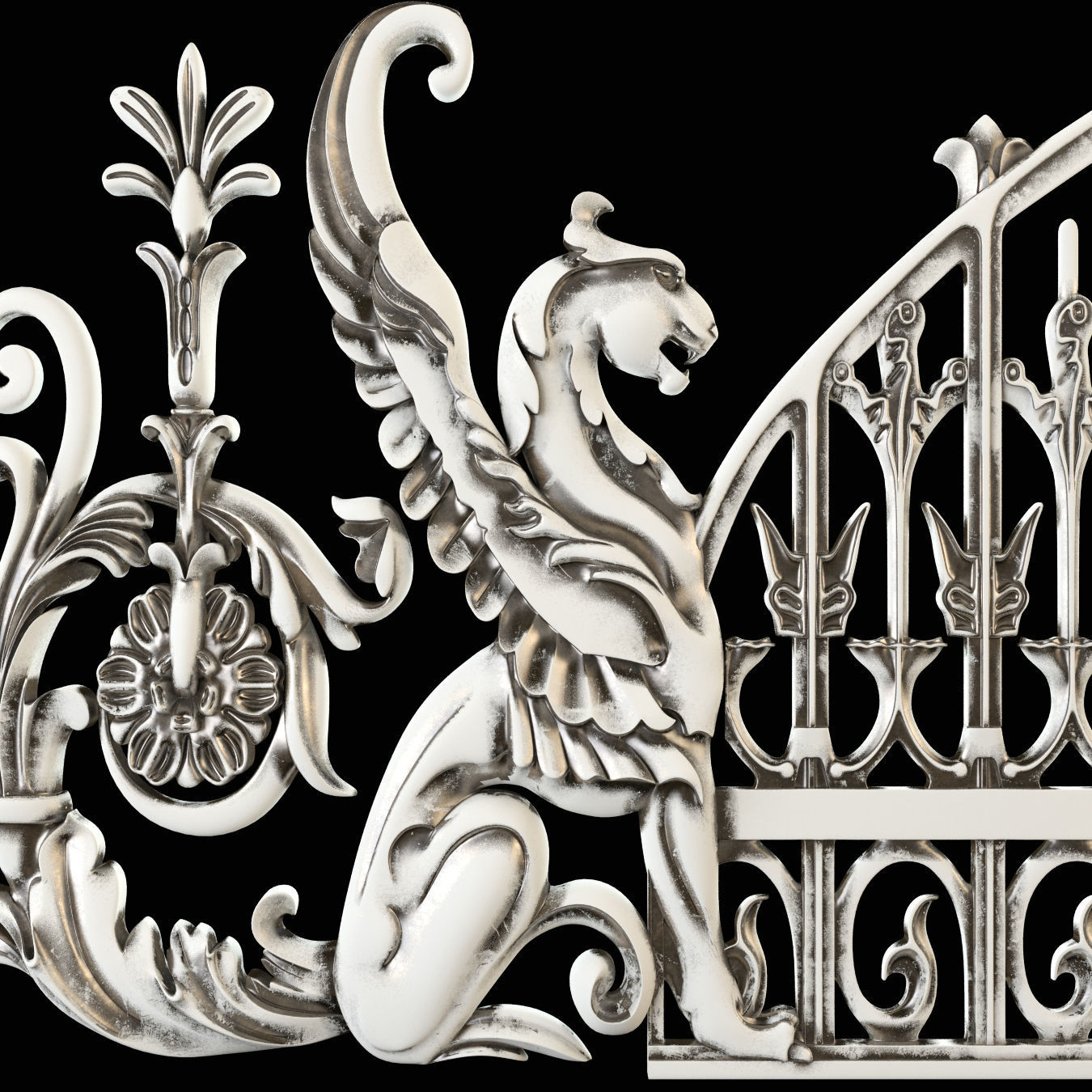 Wrought Iron Fence with Griffins 3D model_4