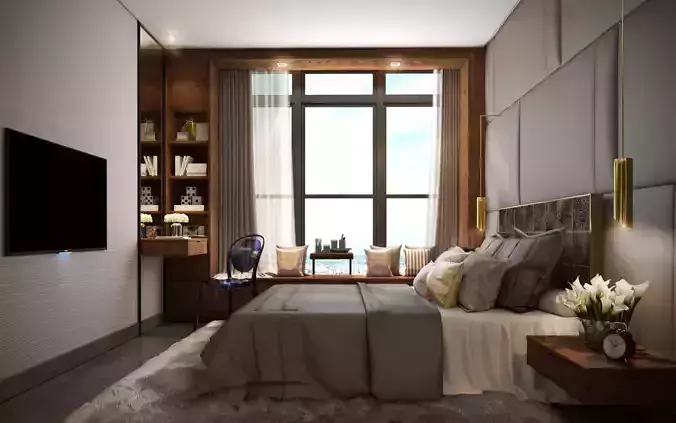 luxurious modern bedroom with closet and bay window scene