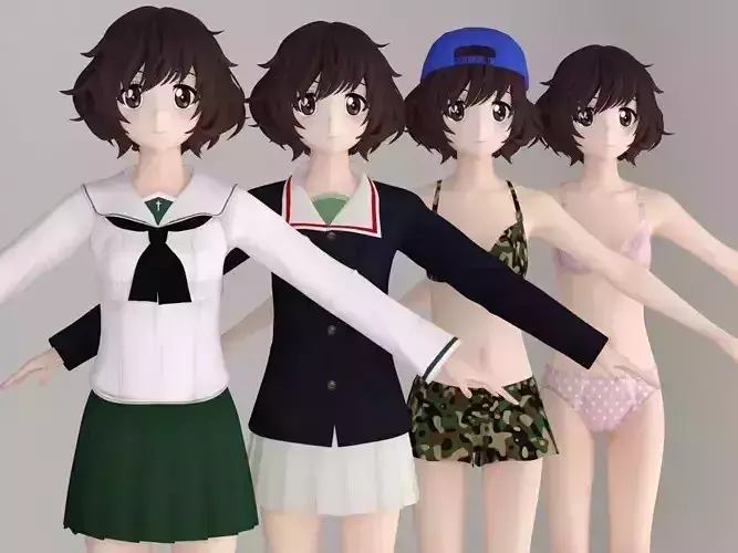 T pose nonrigged model of Yukari Akiyama anime girl 3D model