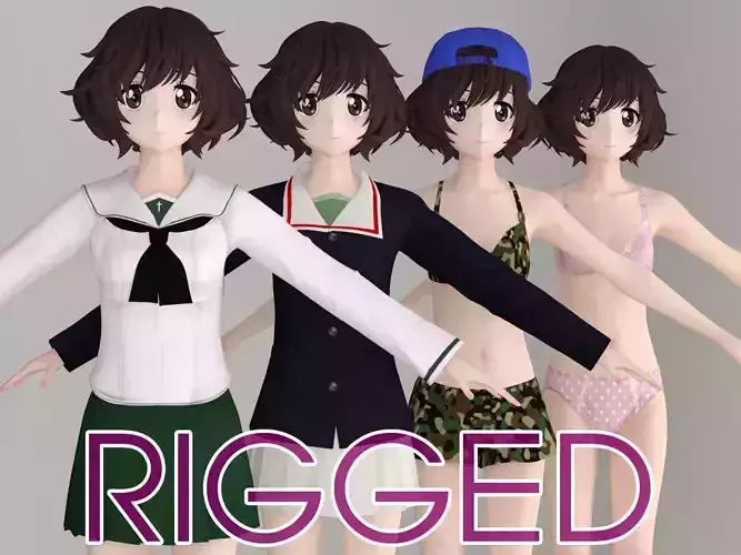 T pose rigged model of Yukari Akiyama anime girl 3D model