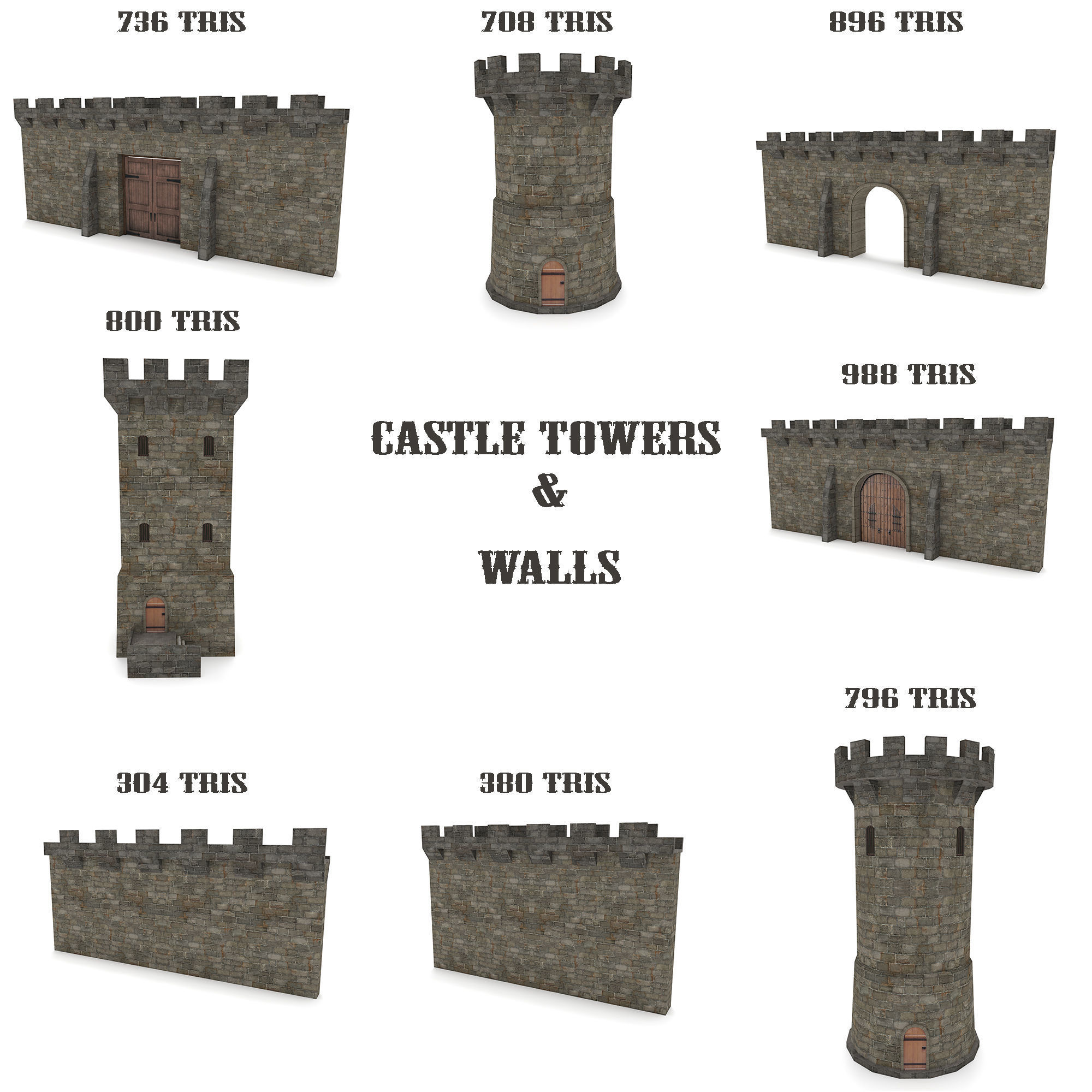 Castle Walls - Modular Set Low-poly 3D model_1