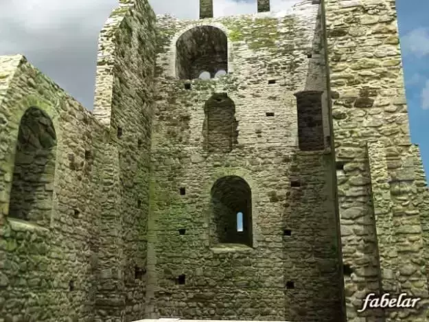 Ruins stone castle with windows and arches