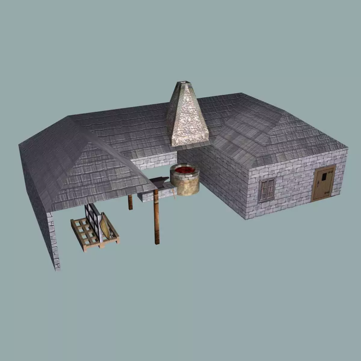 Blacksmith fire pit with hammer and iron Low-poly 3D model