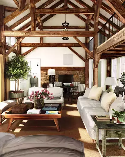 cozy rustic countryside living room big wood house europe scene 3D model