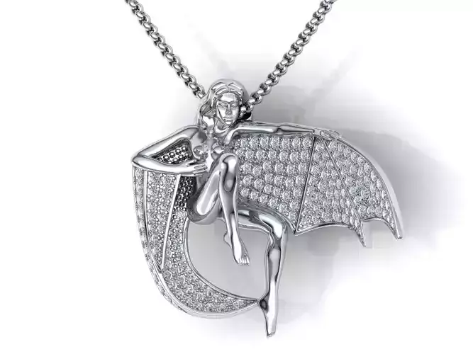 Girl Diamond Pendant with wings printable model