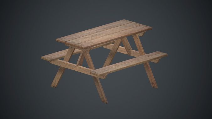 Wooden Picnic Table PBR Game Ready Low-poly 3D model