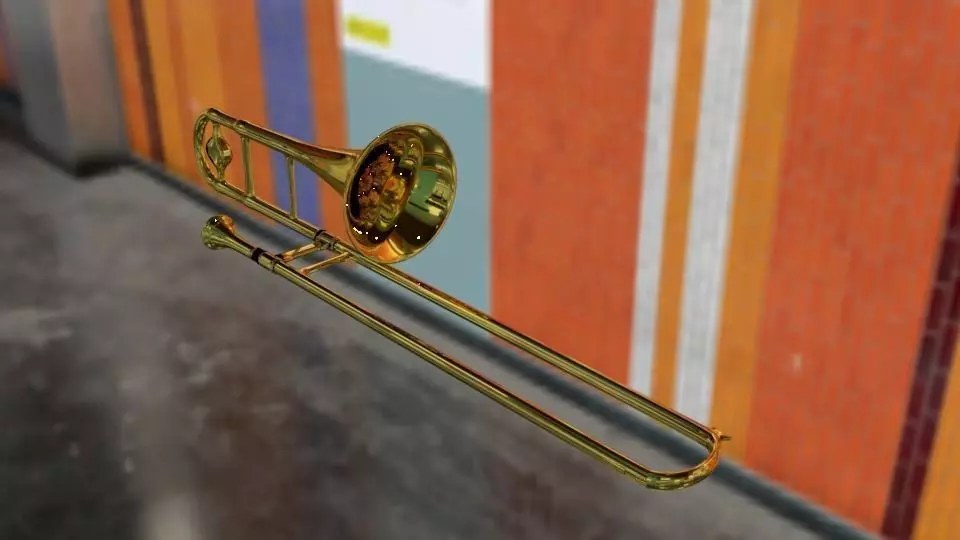 Realistic Trombone golden on wall Low-poly 3D model