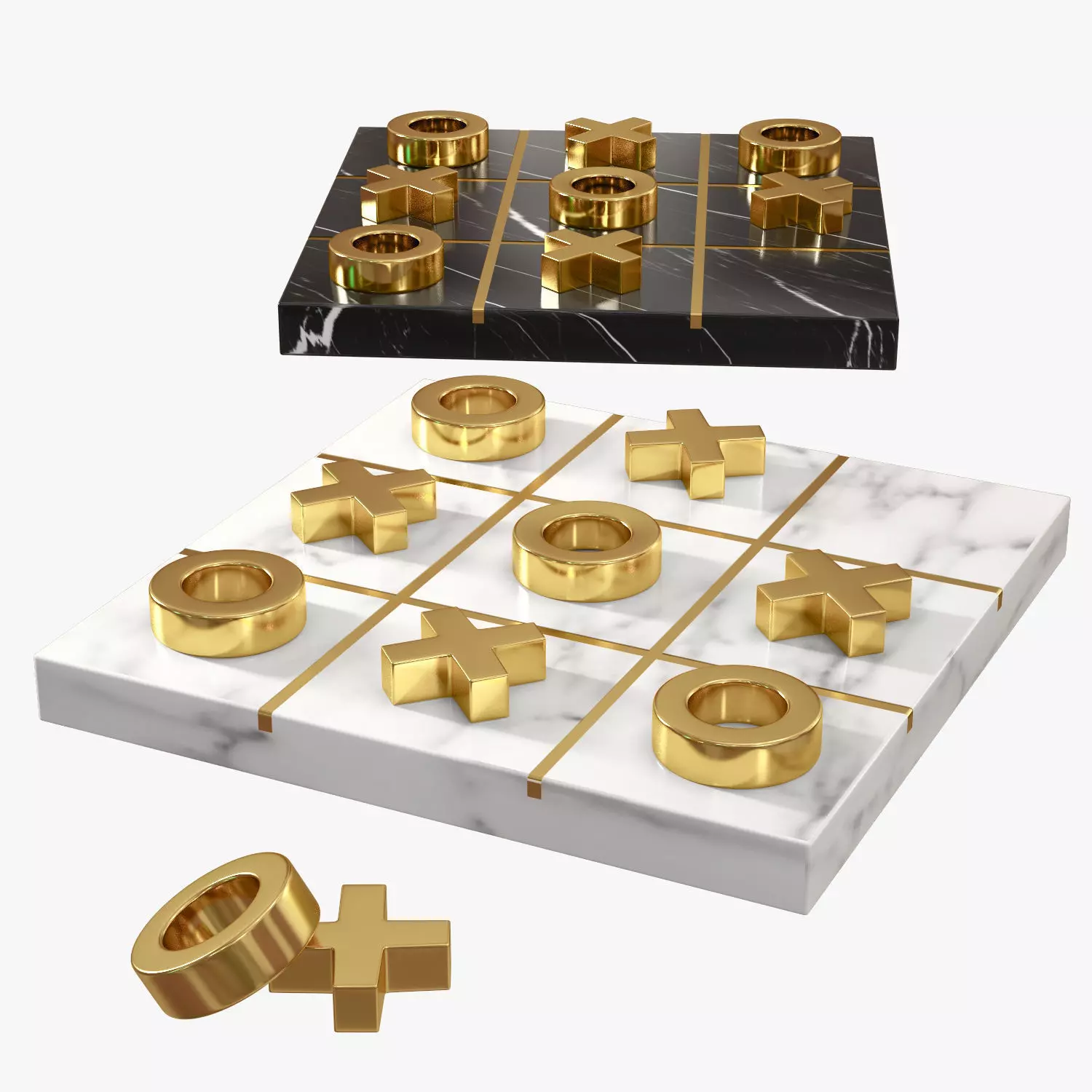 Tic-tac-toe game of tic tac toe with gold rings Low-poly 3D model_0