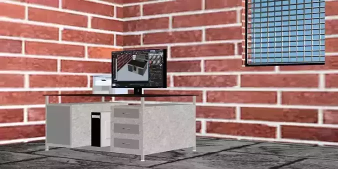 computer desk with brick walls