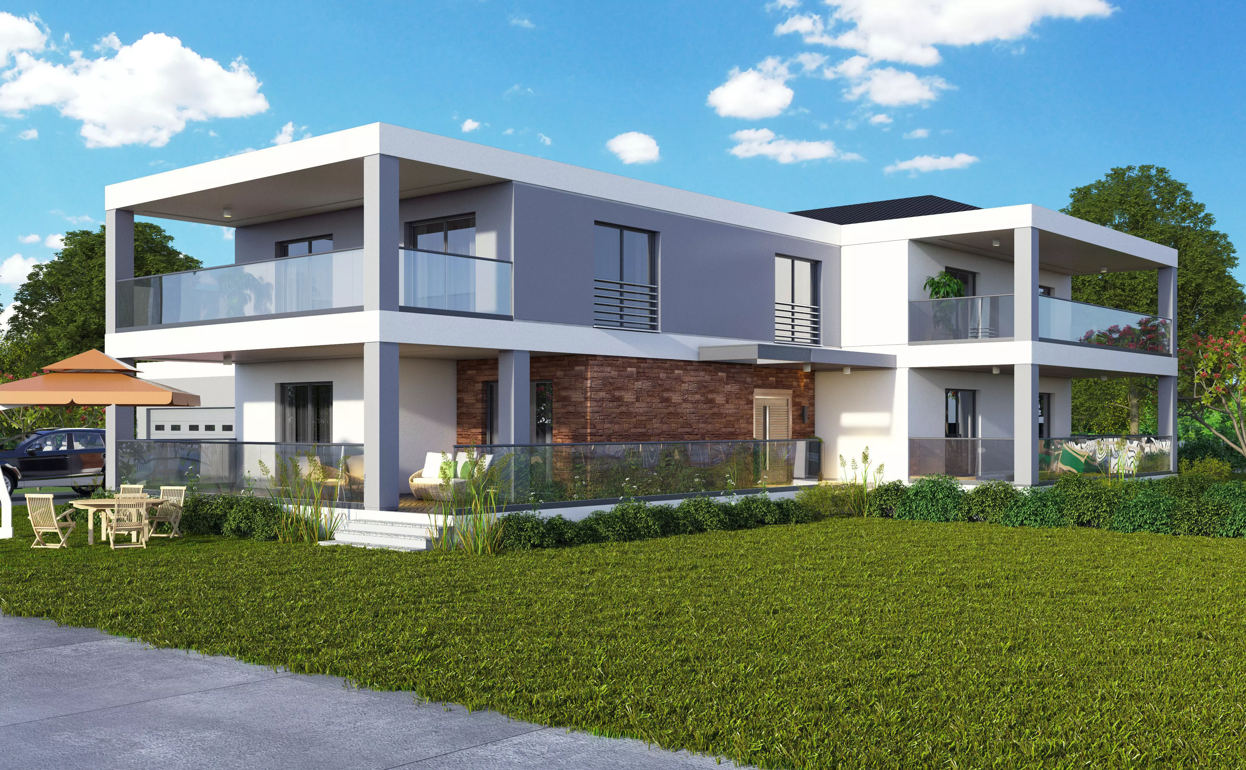 Villa Exterior Scene 3D model_0