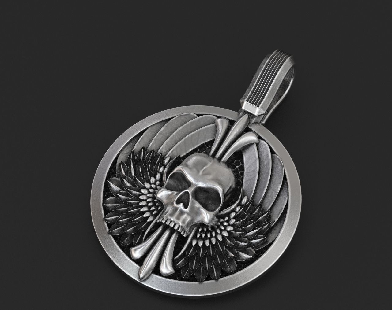 Pendant skull with wings for bikers 335 3D print model_5