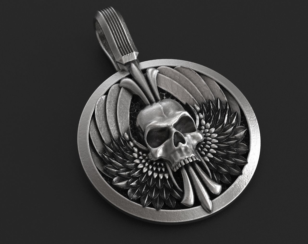 Pendant skull with wings for bikers 335 3D print model_7