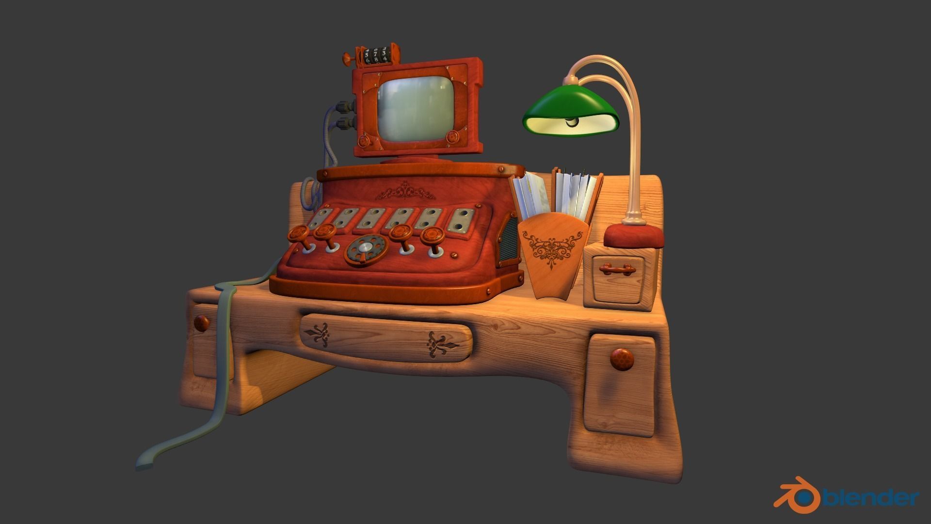 Cartoon work table Low-poly 3D model_0