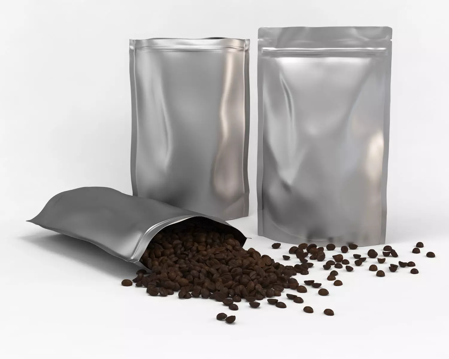 Coffee plastic pouch and scattered coffee beans 3D model