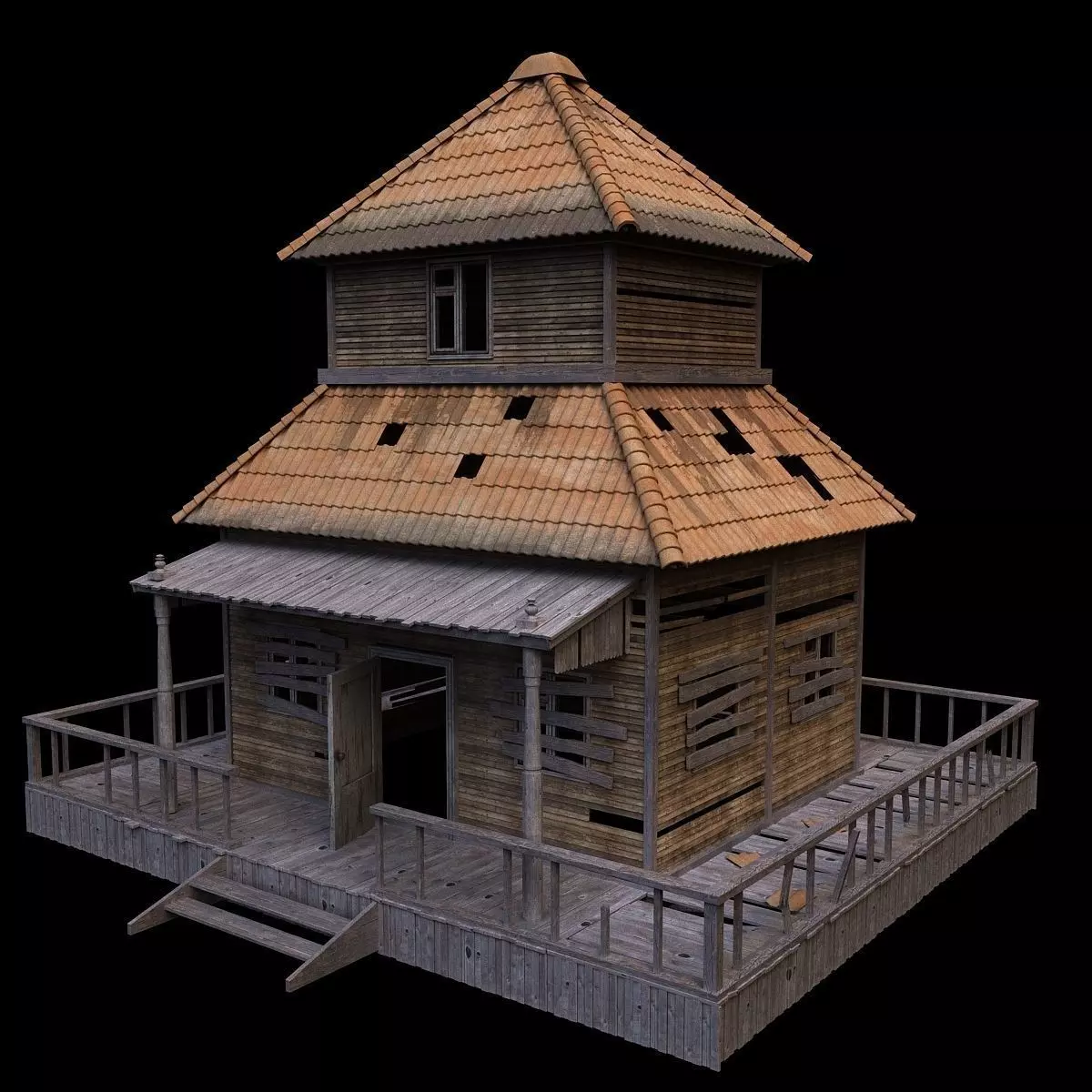 House wooden with roof 3D model_0