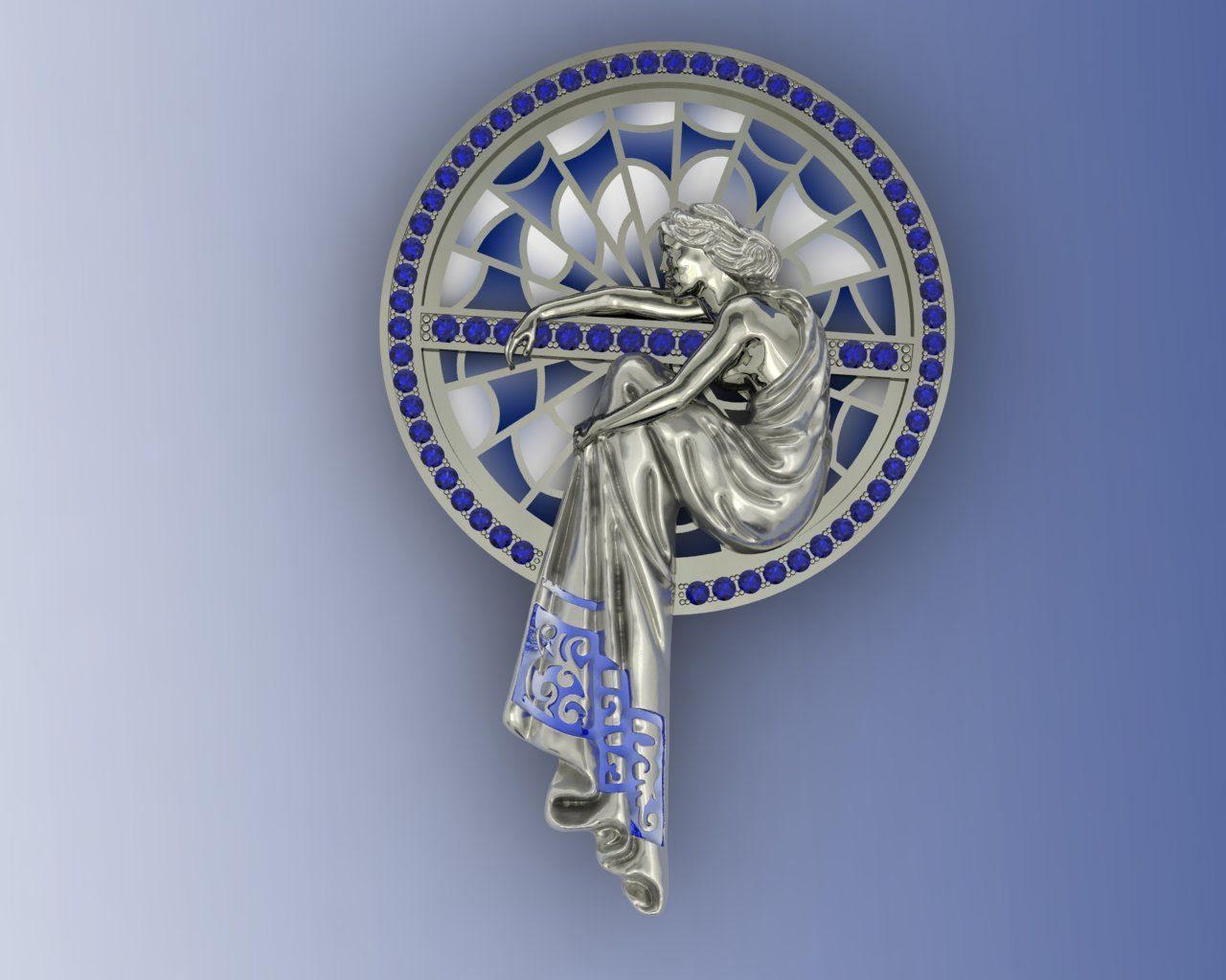 Pendant gold and pearl brooch with woman 3D print model_6