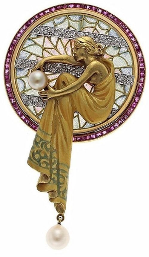 Pendant gold and pearl brooch with woman 3D print model_1