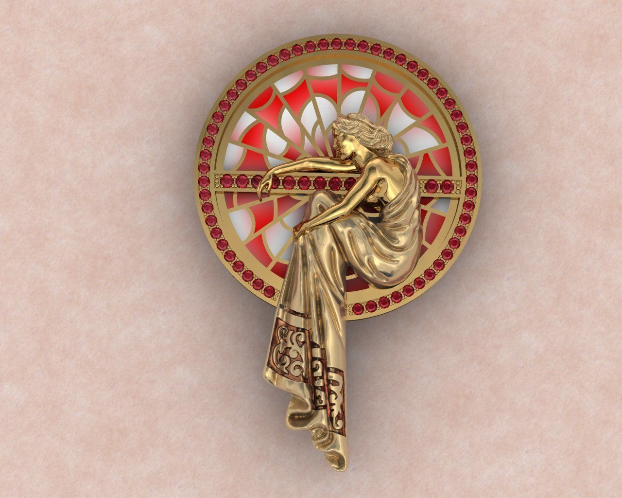 Pendant gold and pearl brooch with woman 3D print model_5