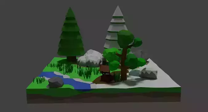 Low poly landscape with trees and rocks