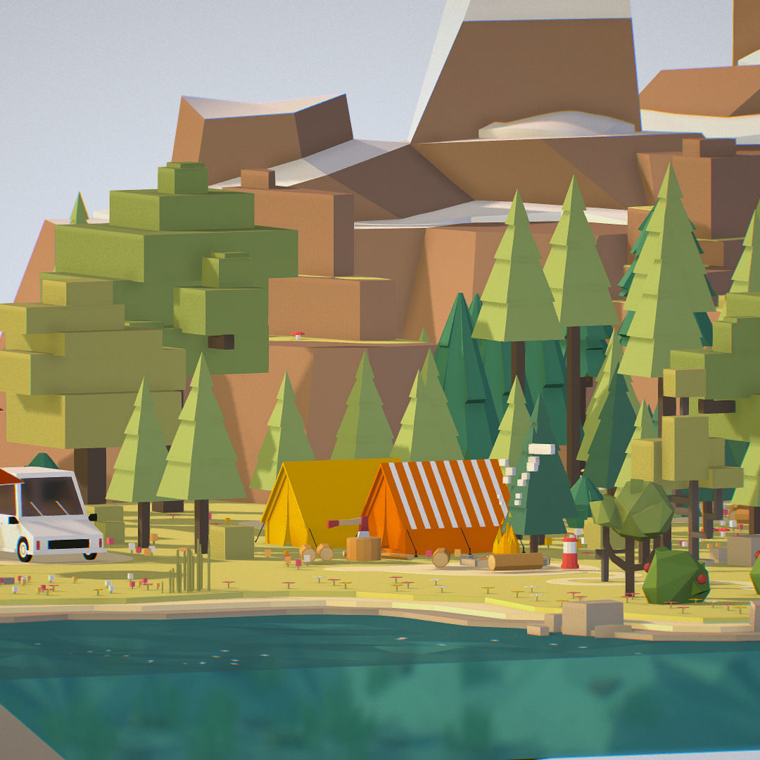 isometric style camping level constructor Low-poly 3D model_25