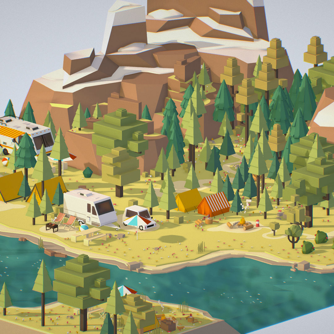 isometric style camping level constructor Low-poly 3D model_56