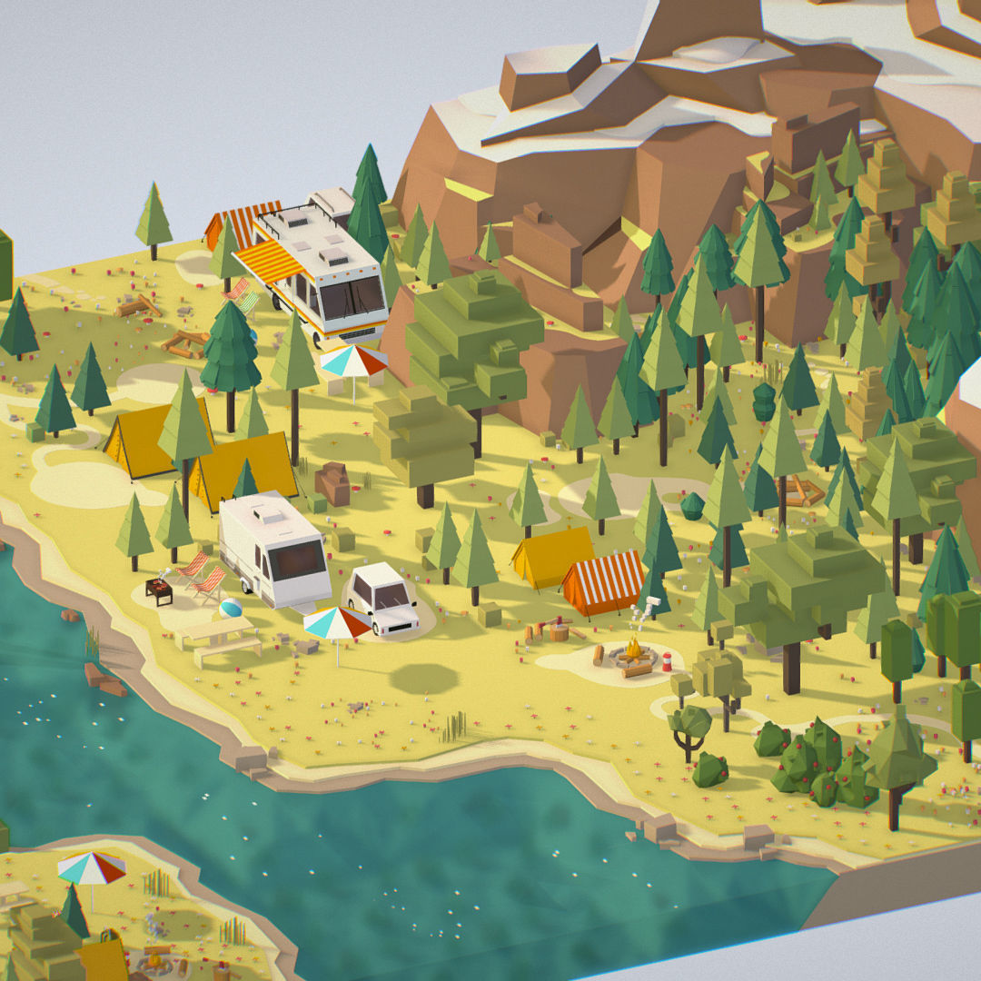 isometric style camping level constructor Low-poly 3D model_4