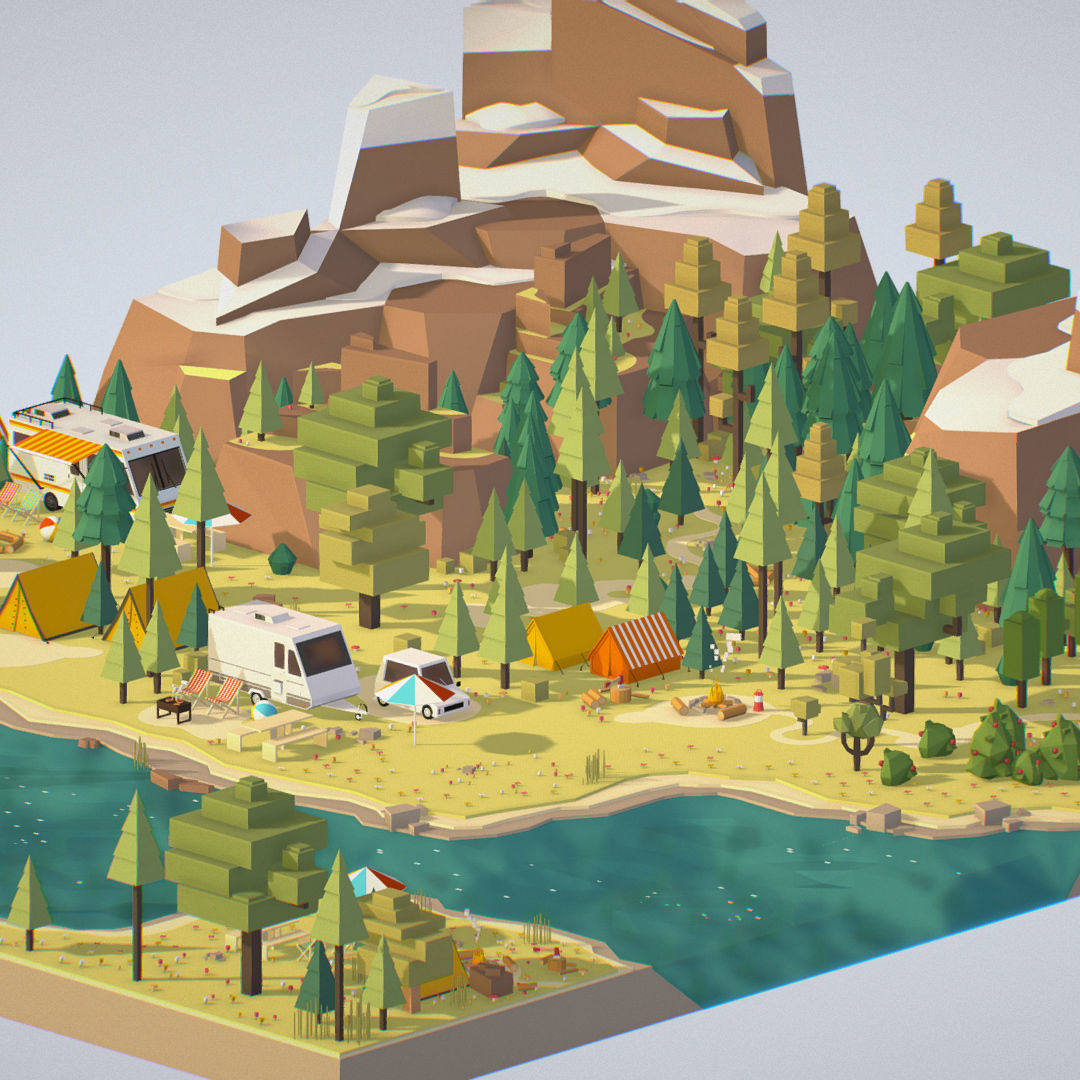 isometric style camping level constructor Low-poly 3D model_3