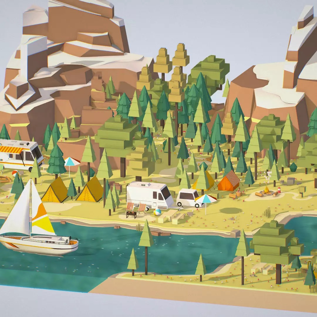 isometric style camping level constructor Low-poly 3D model_0