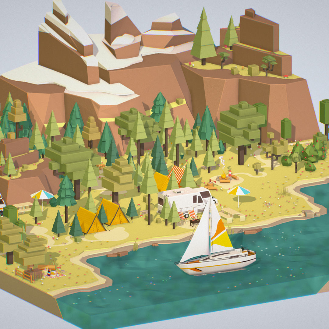 isometric style camping level constructor Low-poly 3D model_2