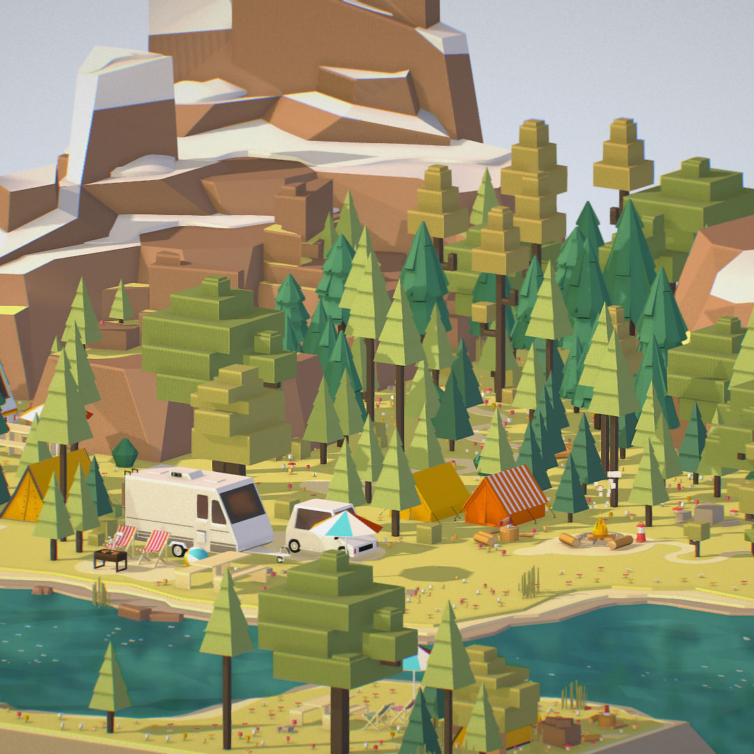 isometric style camping level constructor Low-poly 3D model_29