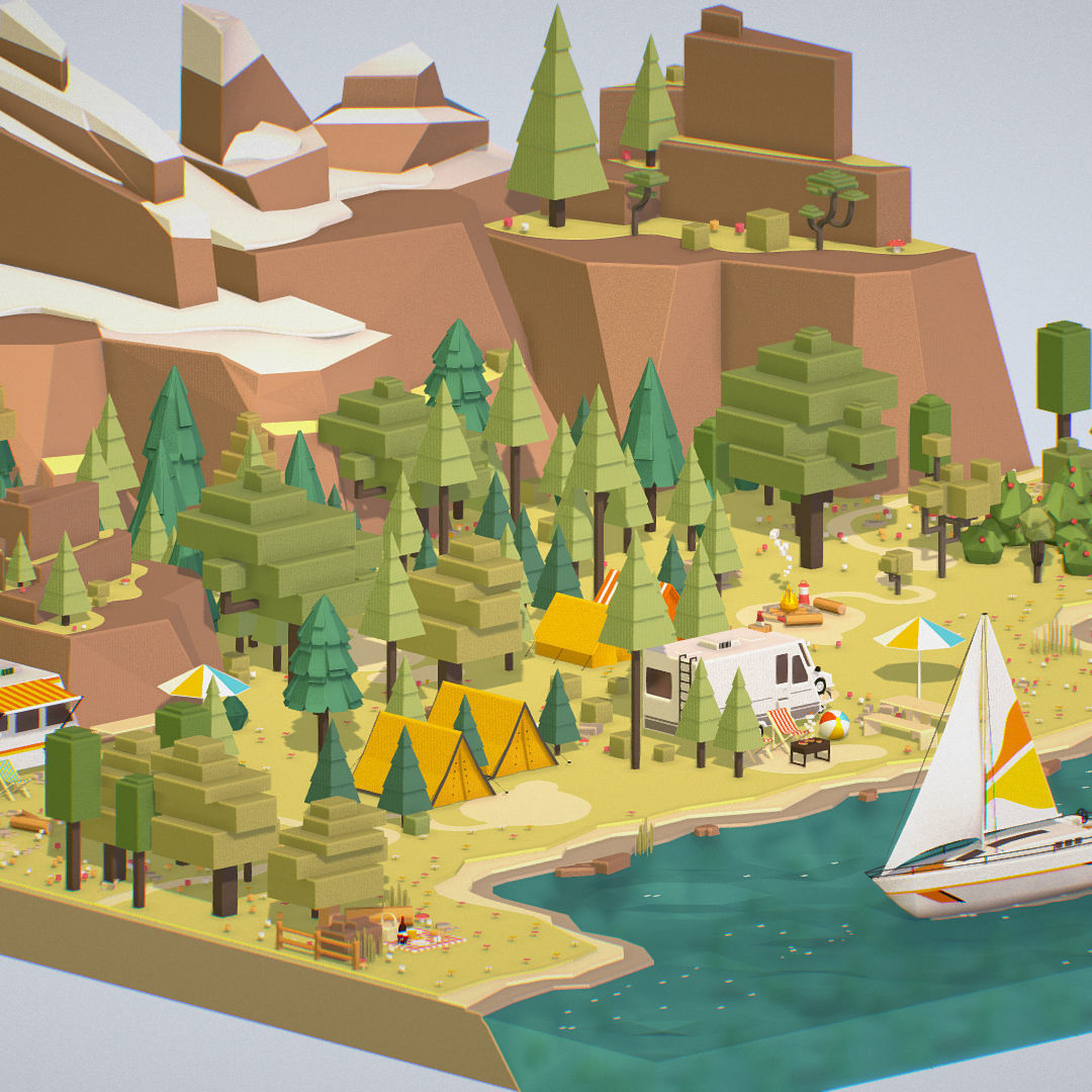 isometric style camping level constructor Low-poly 3D model_59