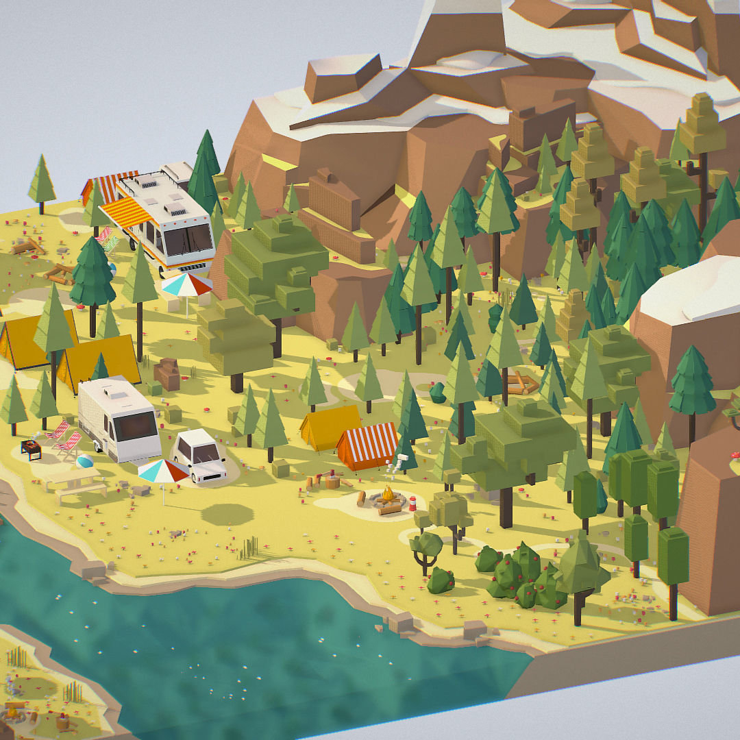 isometric style camping level constructor Low-poly 3D model_10