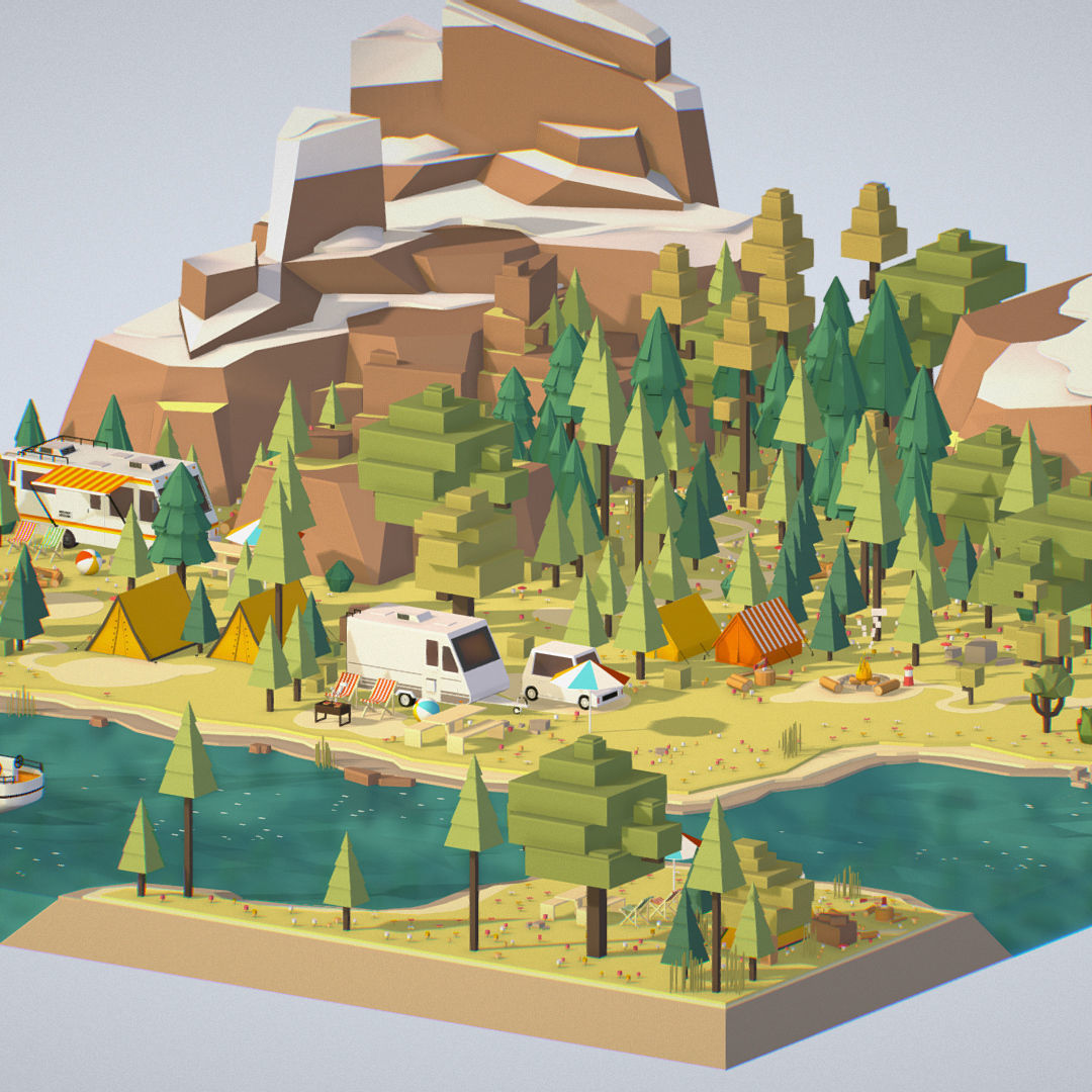 isometric style camping level constructor Low-poly 3D model_13