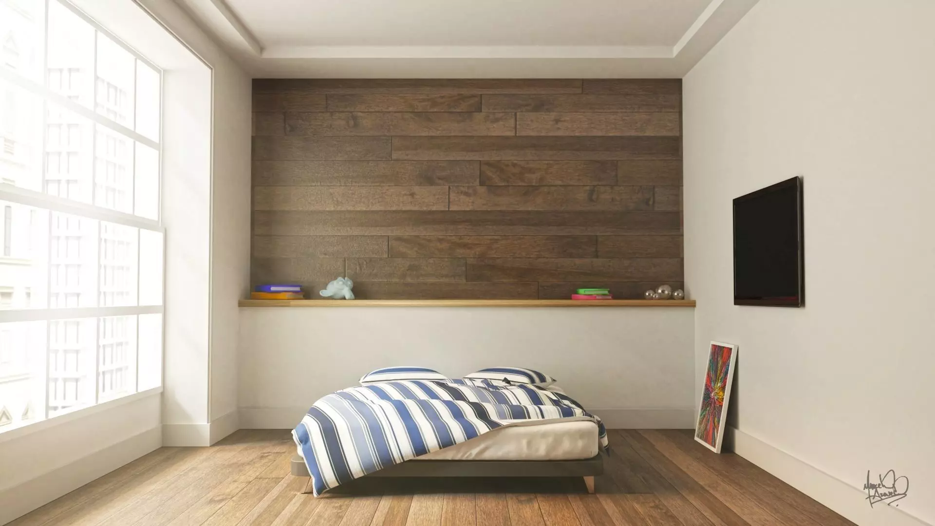 Bedroom with wooden wall 3D model_0