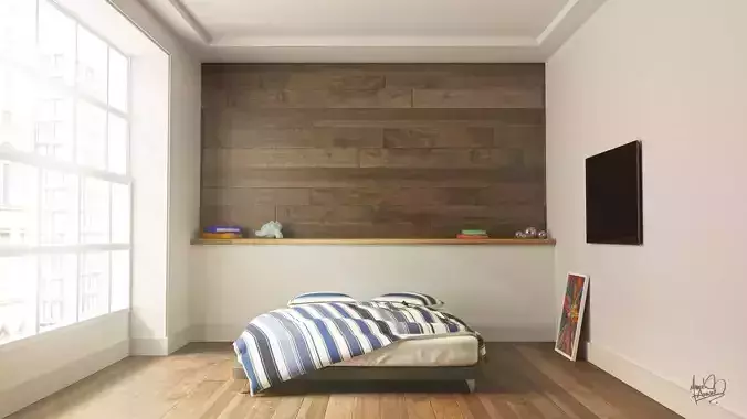 Bedroom with wooden wall 3D model