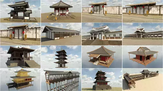 PBR Asian Buildings Collection Low-poly 3D model