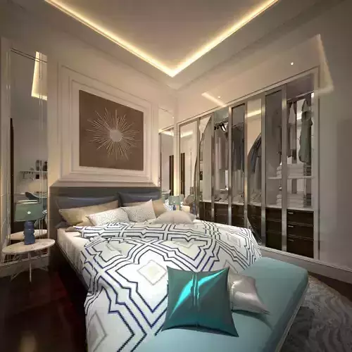 classic bedroom with wardrobe and bathroom