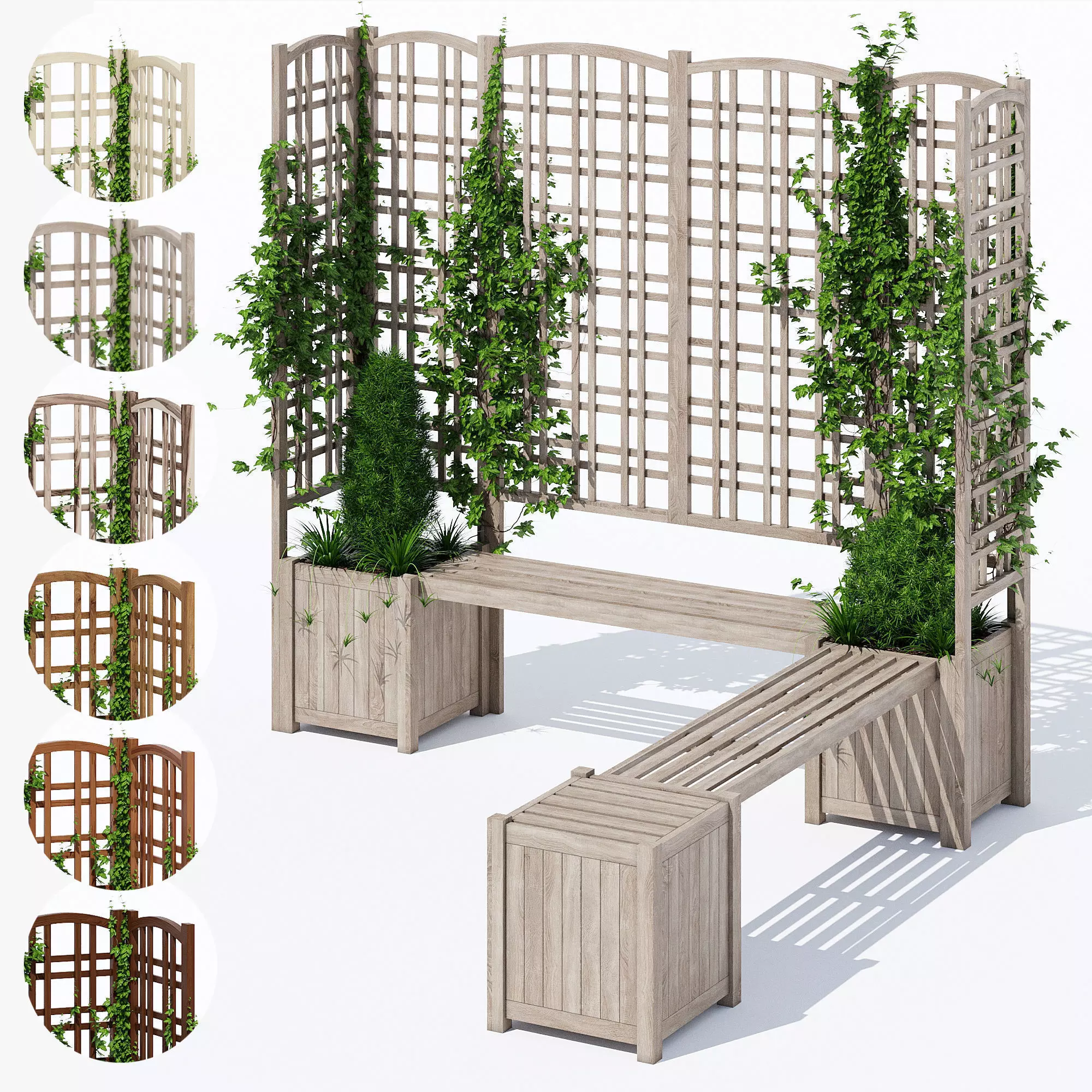 Eucalyptus wooden planter with plants and bench 3D model